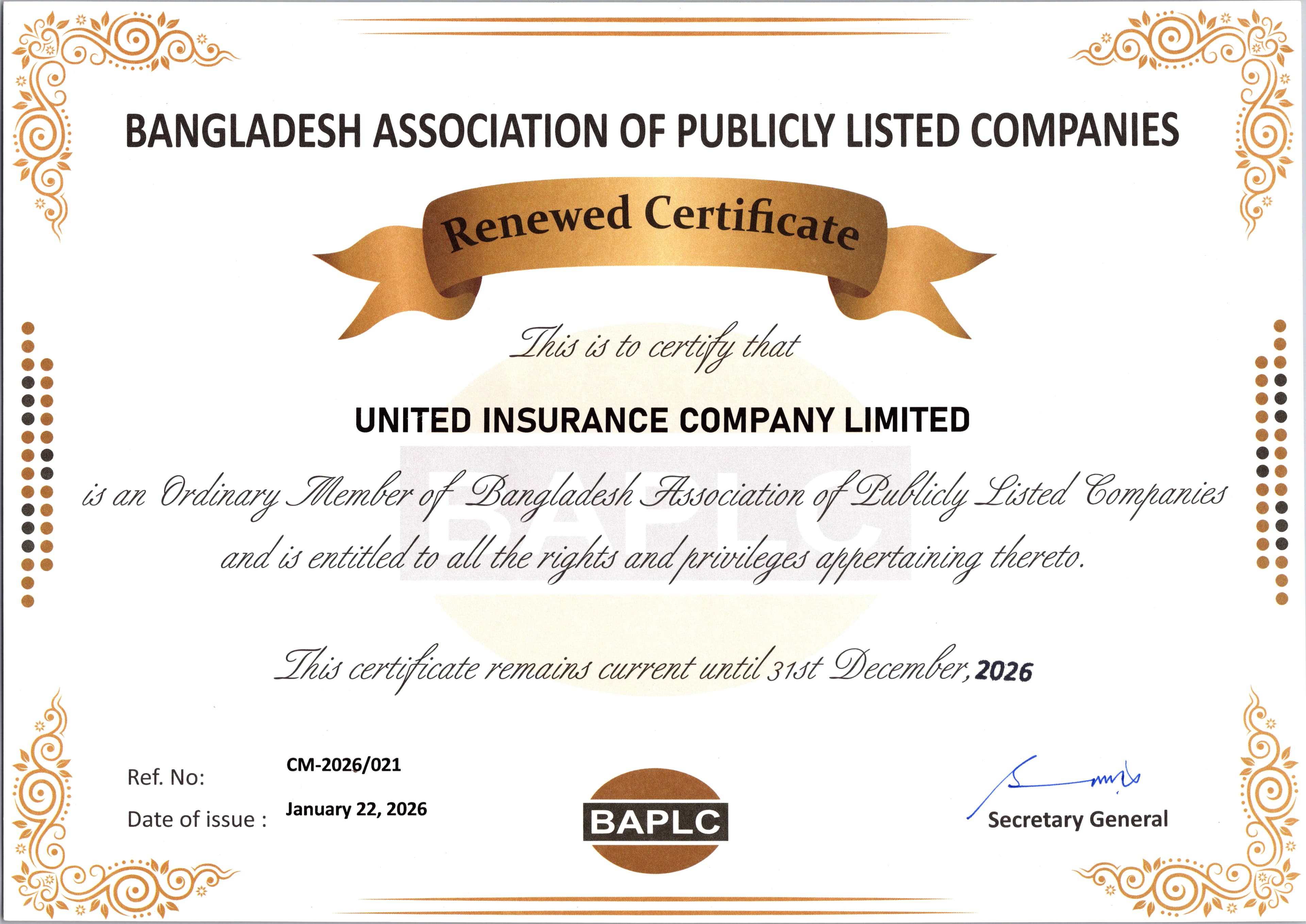 BAPLC Membership Certificate