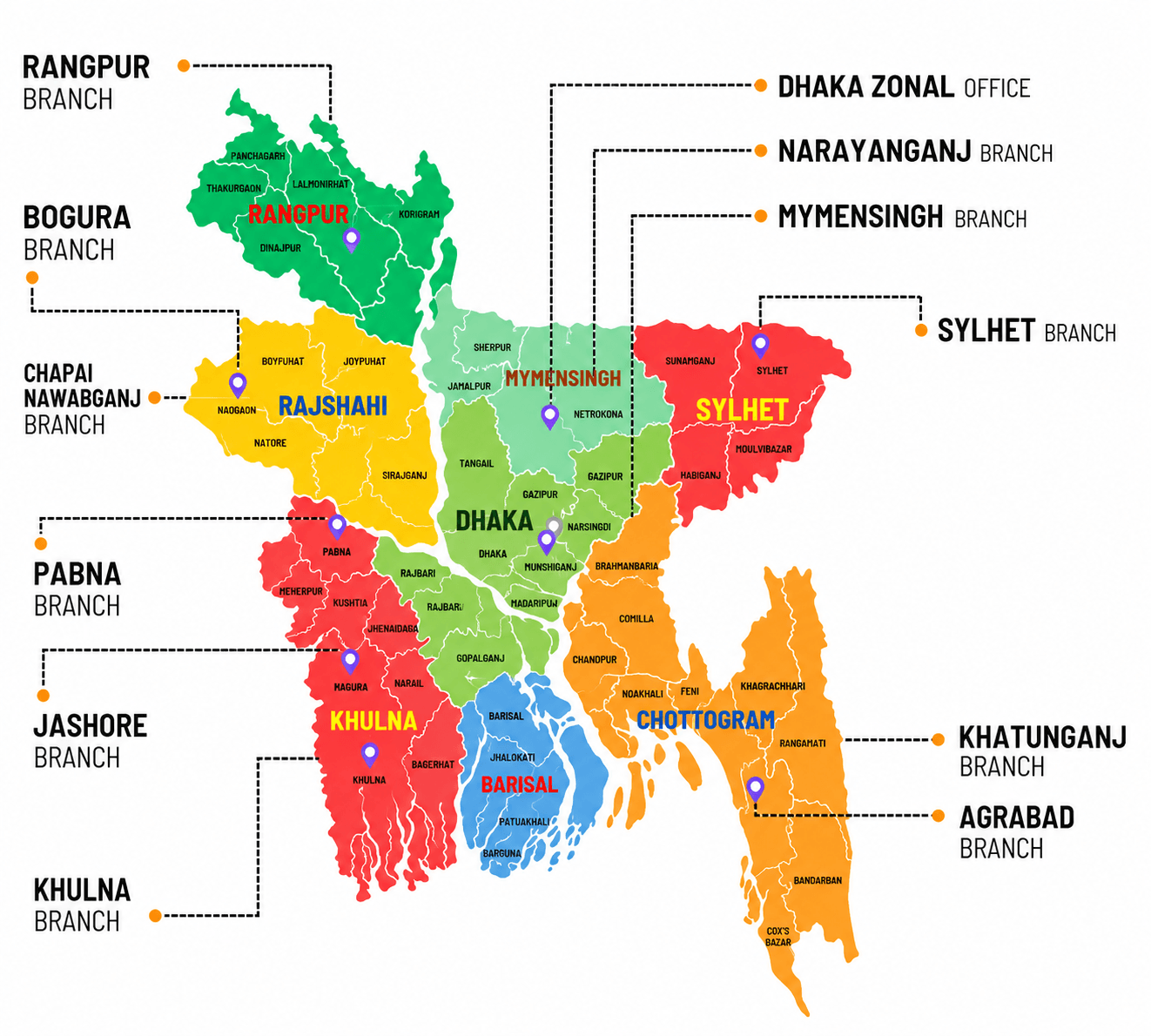 United Insurance Branch Network Map of Bangladesh